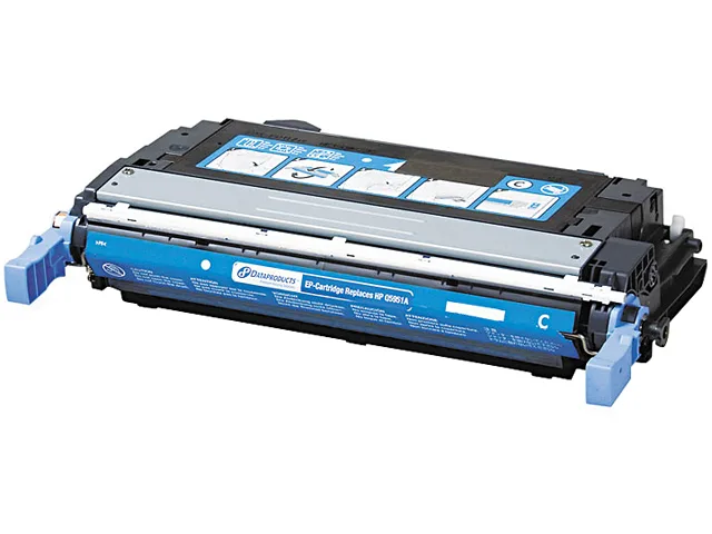 Cyan toner cartridge in a rectangular plastic housing