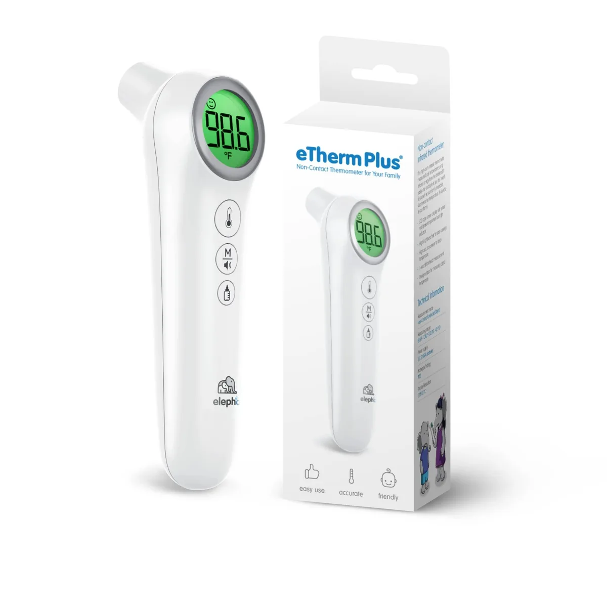 White plastic handheld infrared thermometer with large LCD screen and single button control