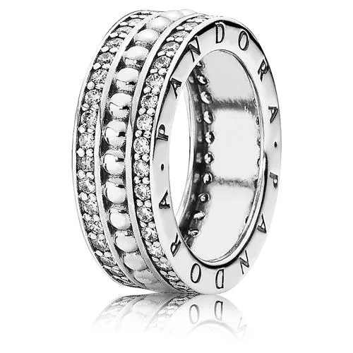 Sterling silver band ring with twin cubic zirconia lines and beaded silver detail, size 48