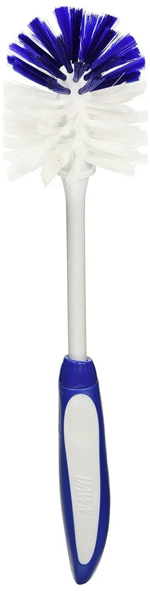 White and blue 13.5 inch twister bottle cleaning brush with rounded head and ergonomic handle