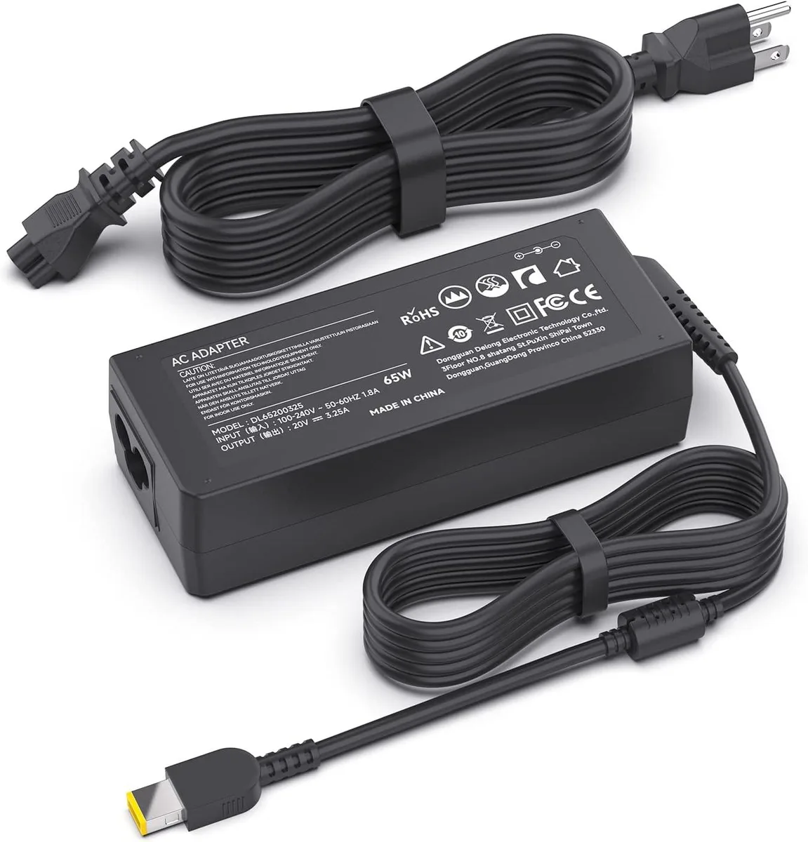 Rectangular black power brick with yellow USB-C connector and detachable mains cable