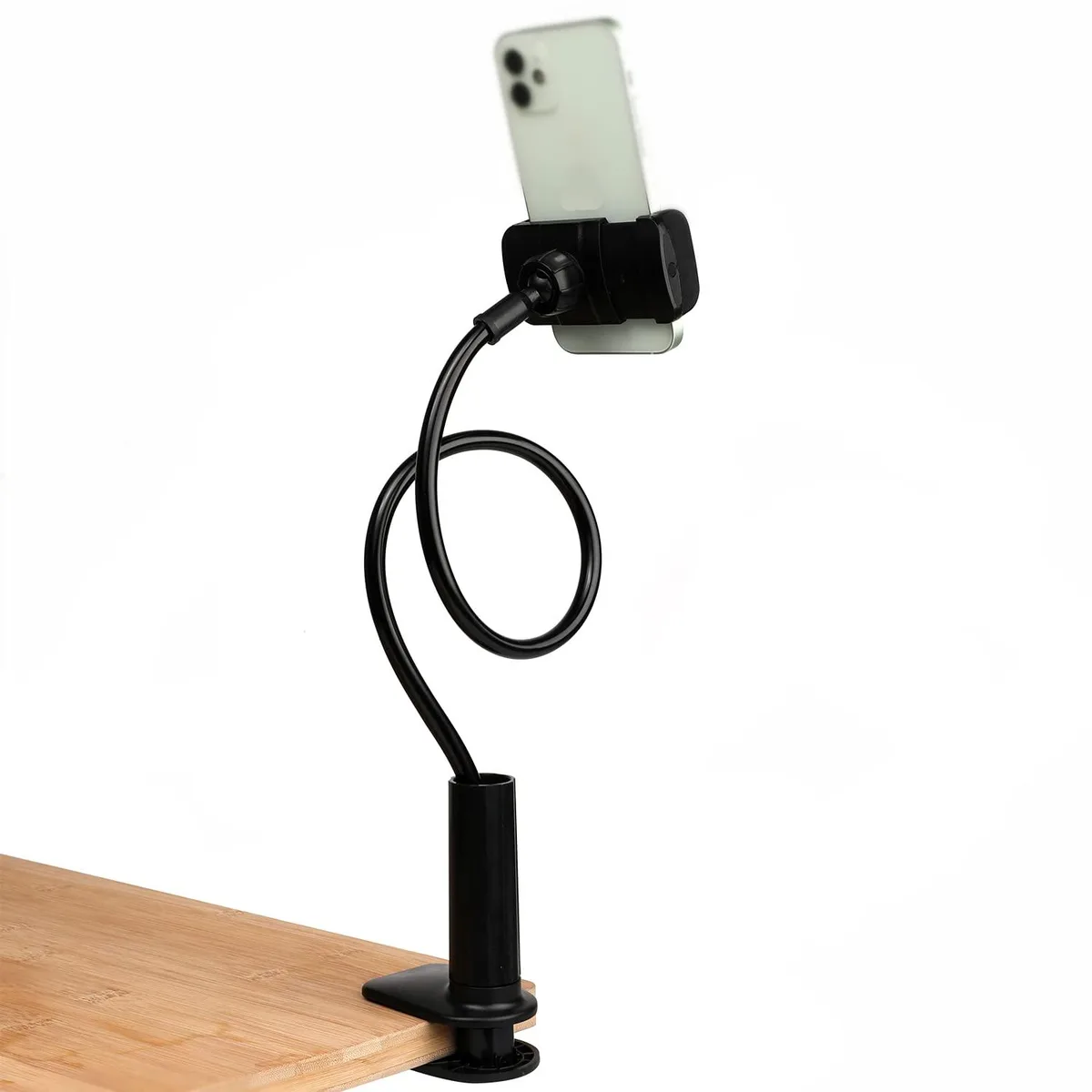 Black flexible gooseneck phone mount with clamp base and rotating cradle