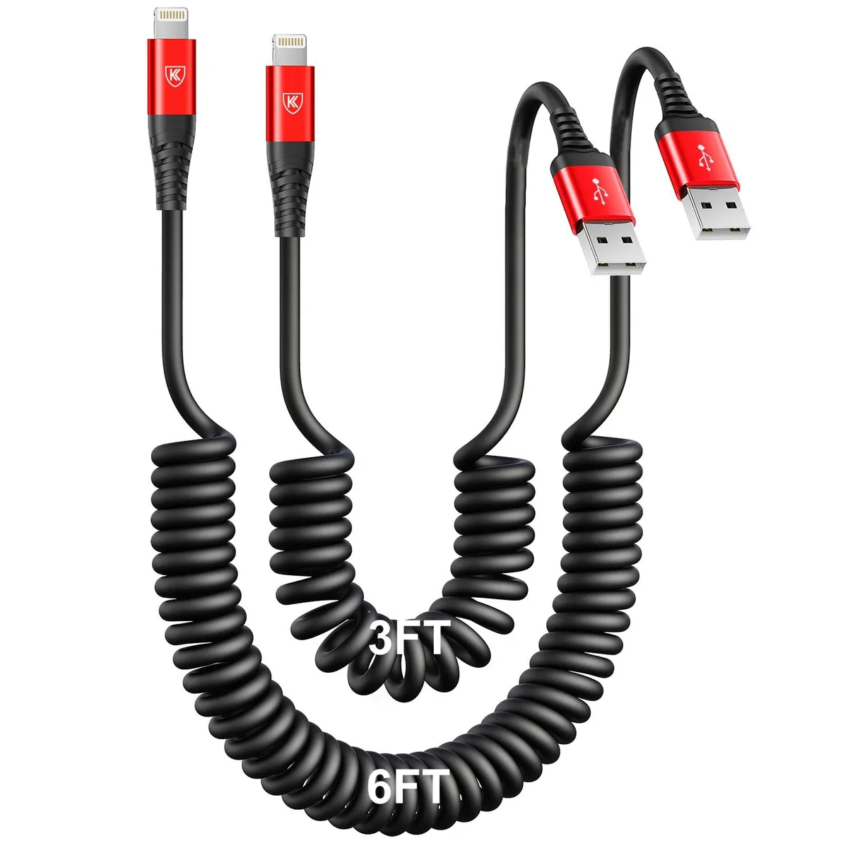 Two red coiled Lightning cables, one short and one long, USB-A connectors visible