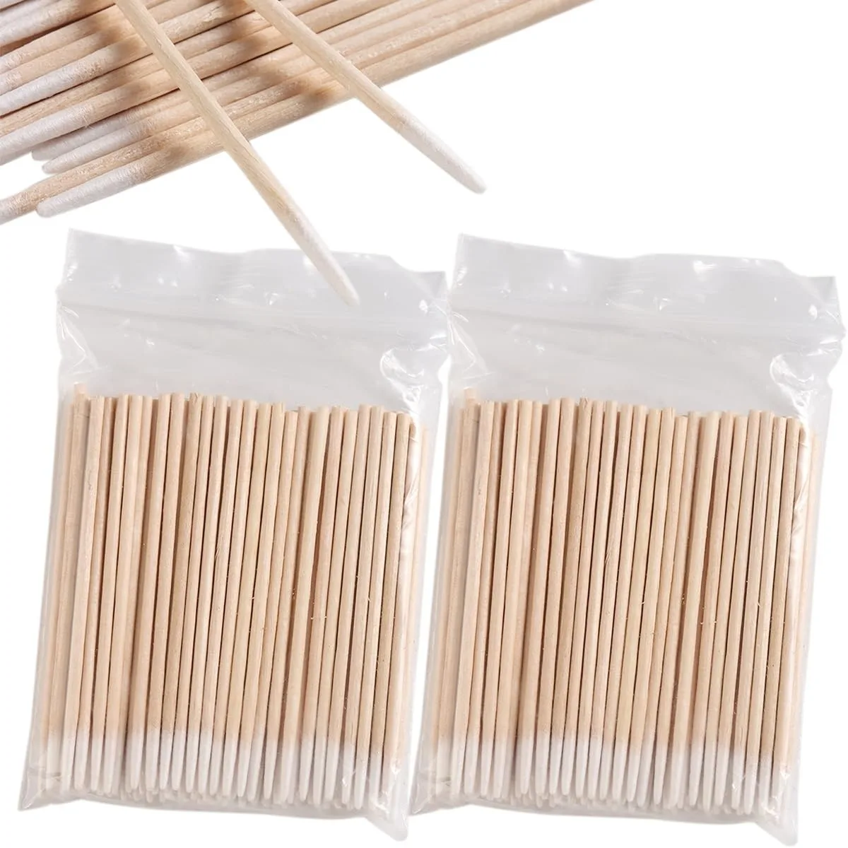 Two hundred pointed cotton swabs on wooden sticks in packaging