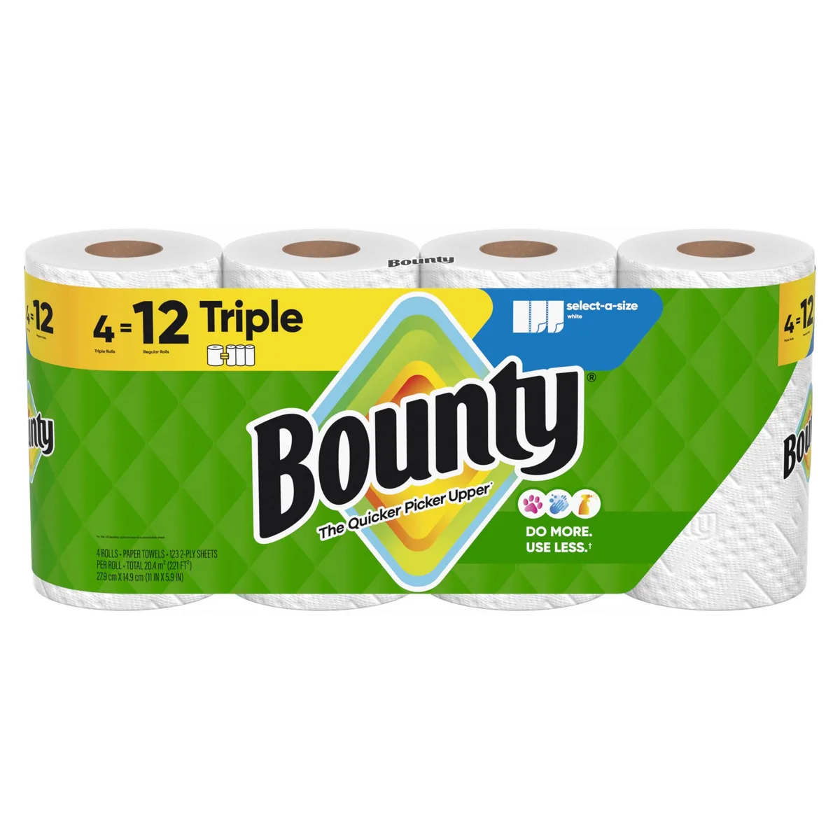 Four white paper towel triple rolls in plastic wrap, 123 sheets total