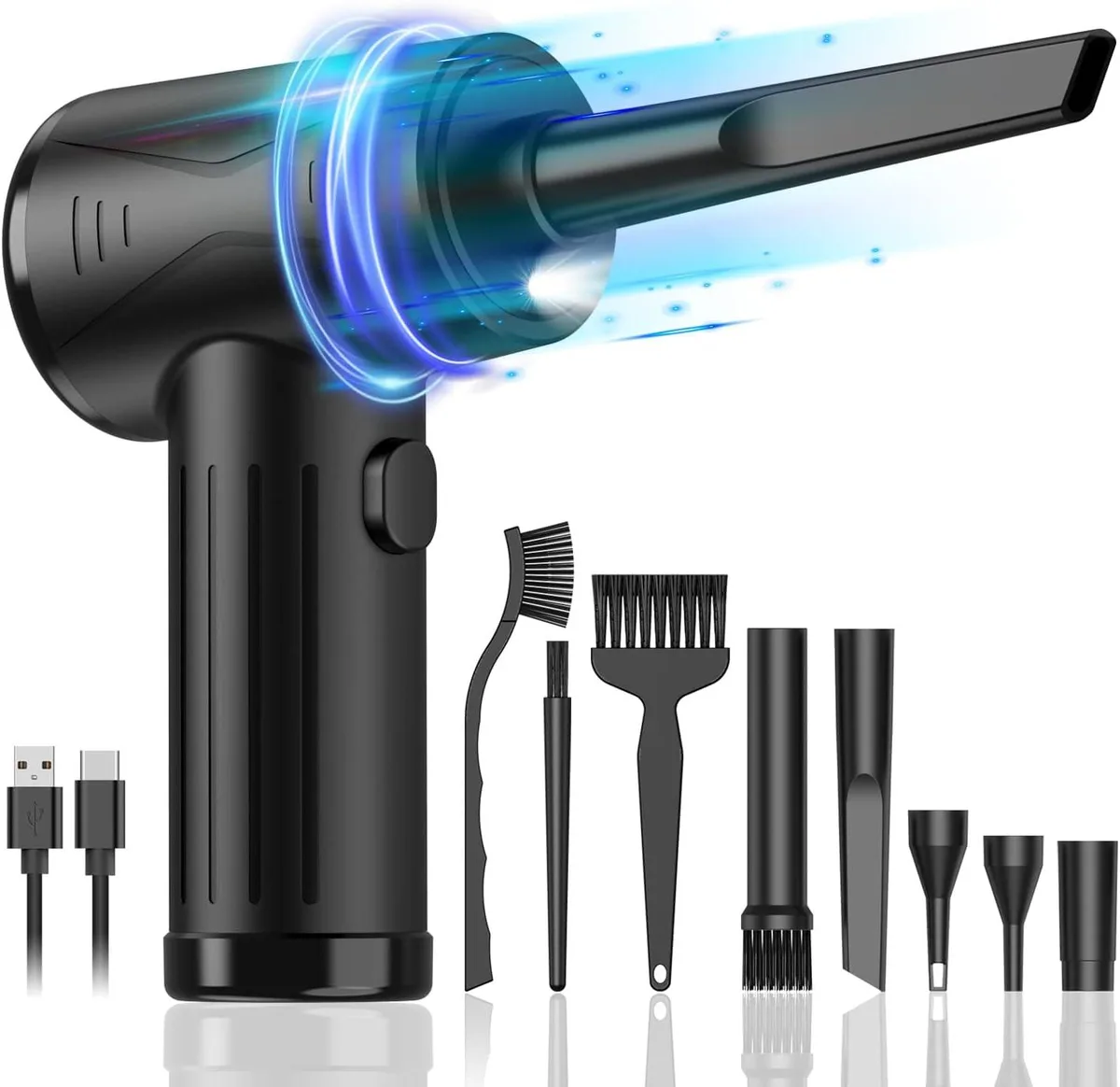 Cordless electric air duster with USB-C charging, LED lights, five nozzles and three brushes