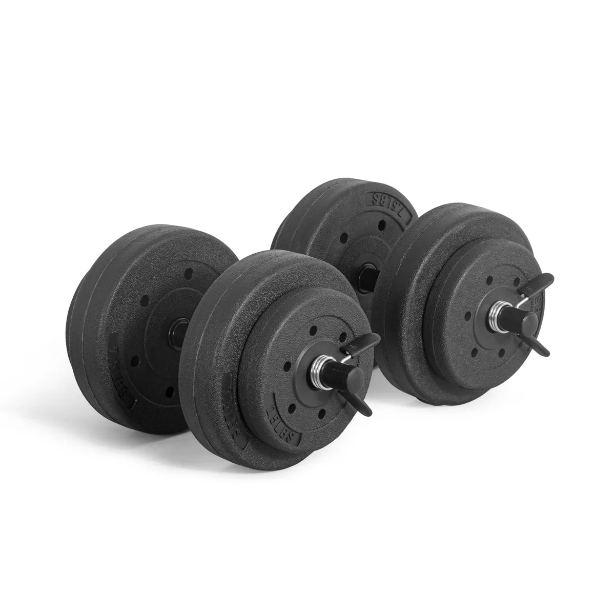 Black adjustable cement dumbbell set with 14 inch handles and spinlock collars