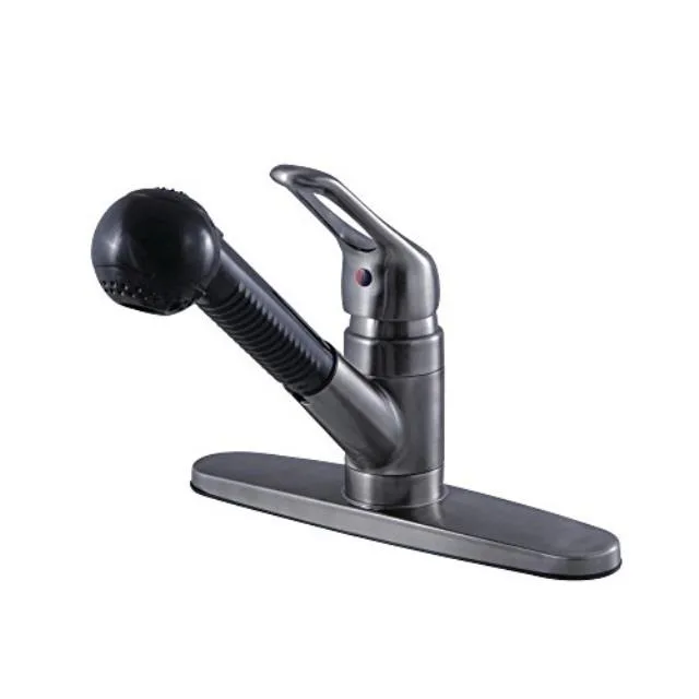 Black stainless pull-down kitchen faucet with curved spout and single lever handle