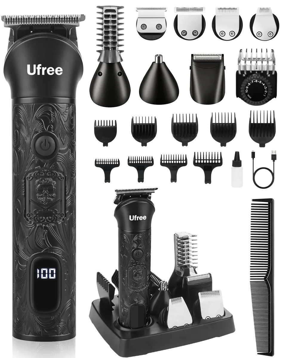 Black grooming kit with trimmer, seven heads, ten combs and charging base