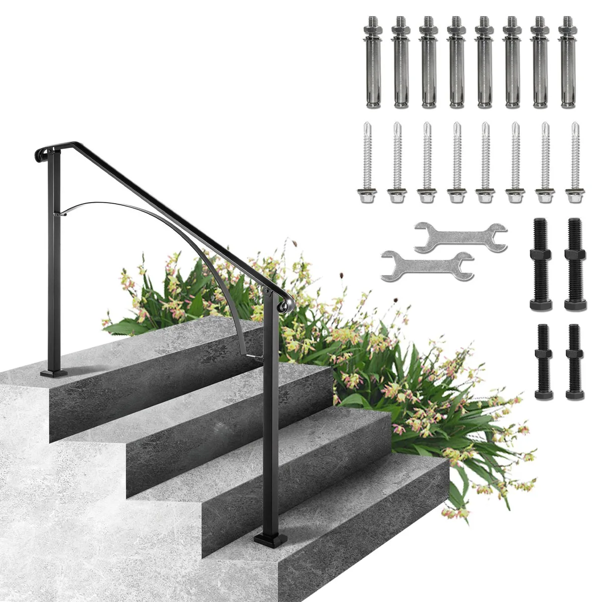 Black wrought iron handrail with arched top, two posts and mounting hardware