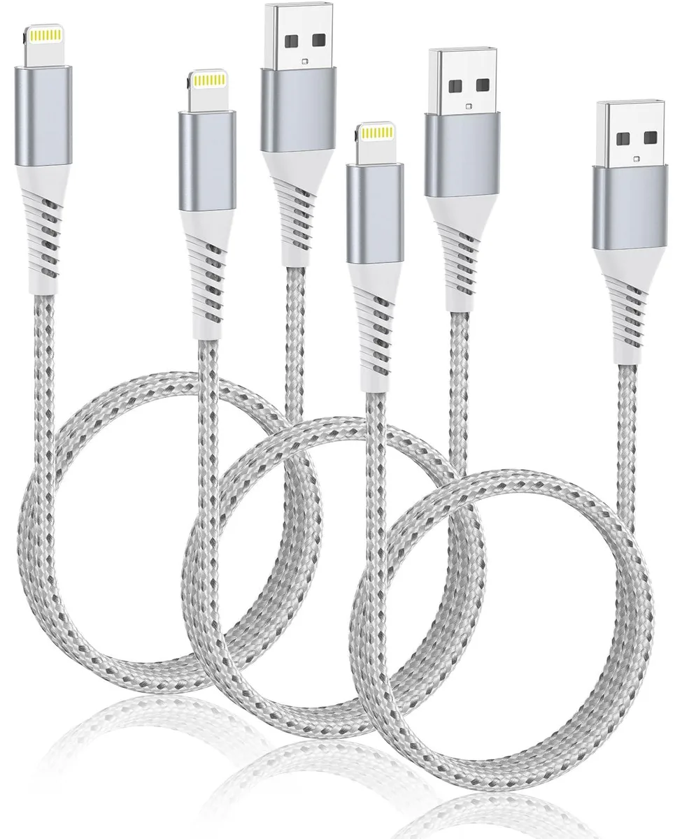 Three silver braided USB-A to Lightning cables coiled together
