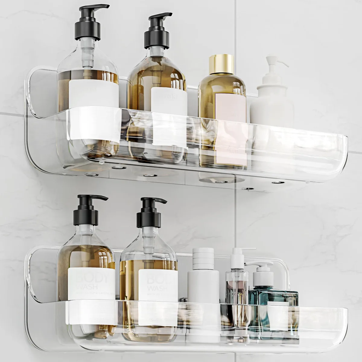 Two clear acrylic wall shelves with drainage holes, adhesive mount