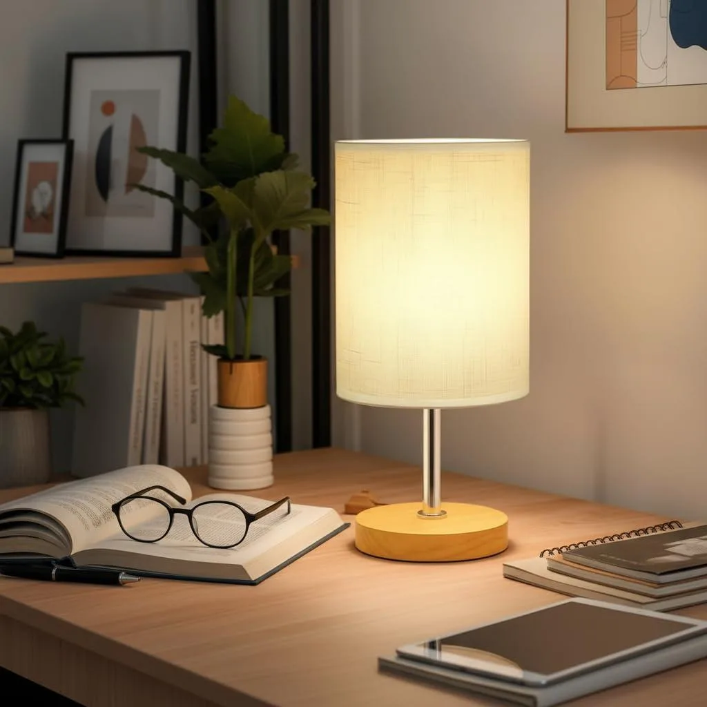 Small cream linen shade on a wood base, 12 inches tall, inline push-button switch