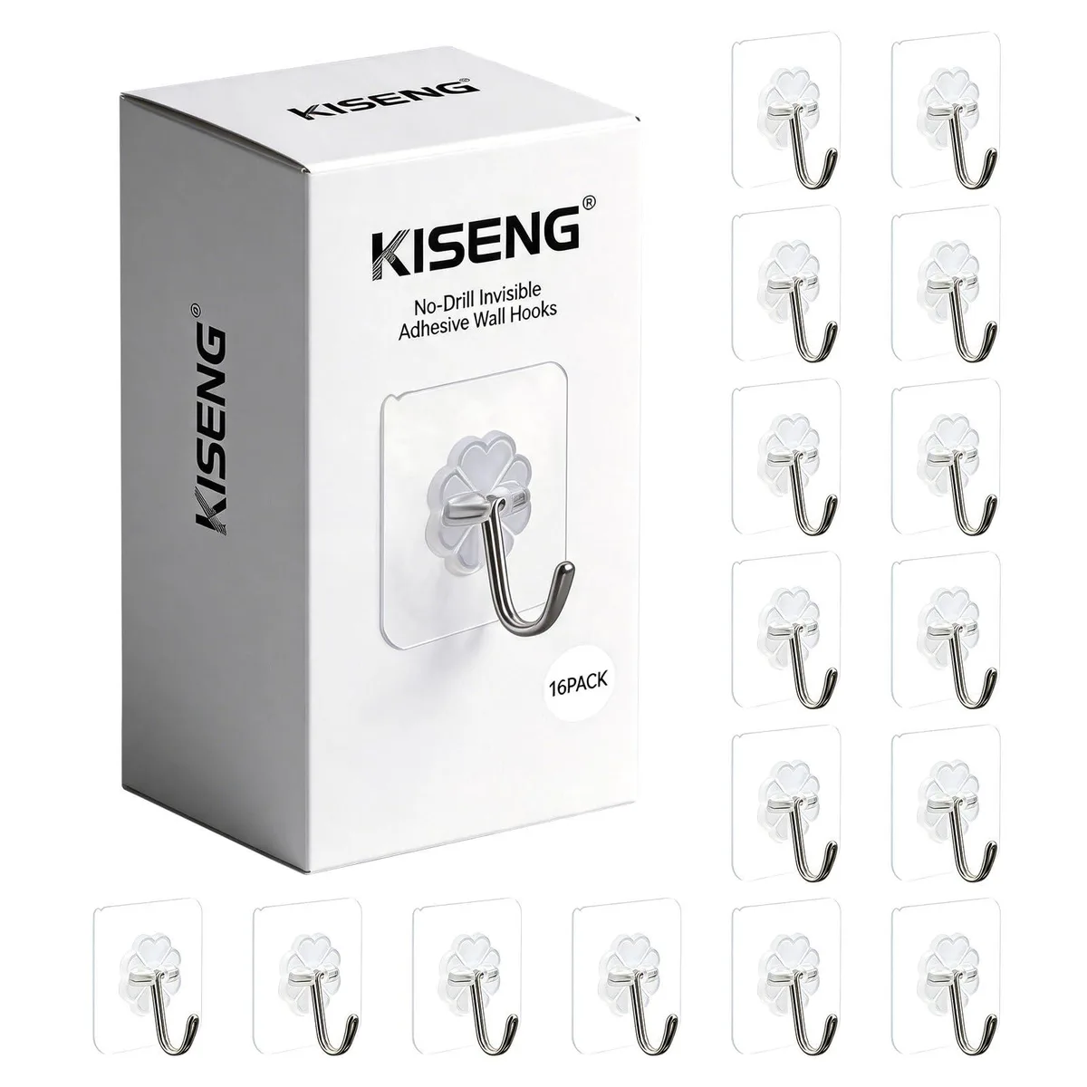 Clear adhesive hooks in a pack, transparent finish