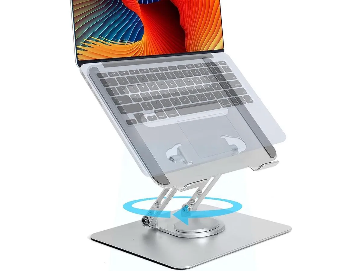 Silver metal laptop stand with rotating dual-axis joints and silicone pads