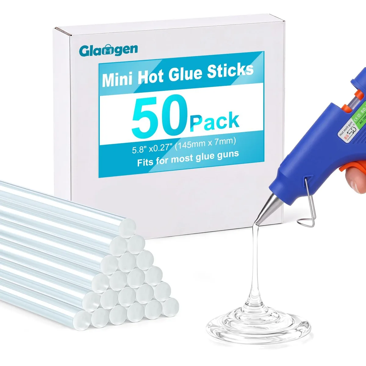 Fifty clear cylindrical mini glue sticks 5.8 inches long by 0.27 inches diameter