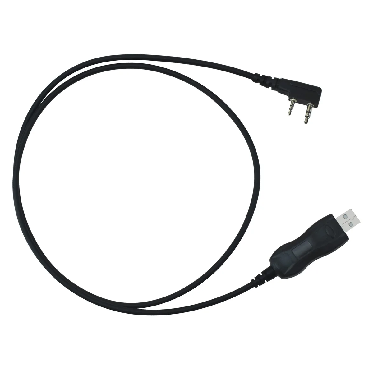 A black USB-A to Kenwood K1 programming cable with moulded connectors