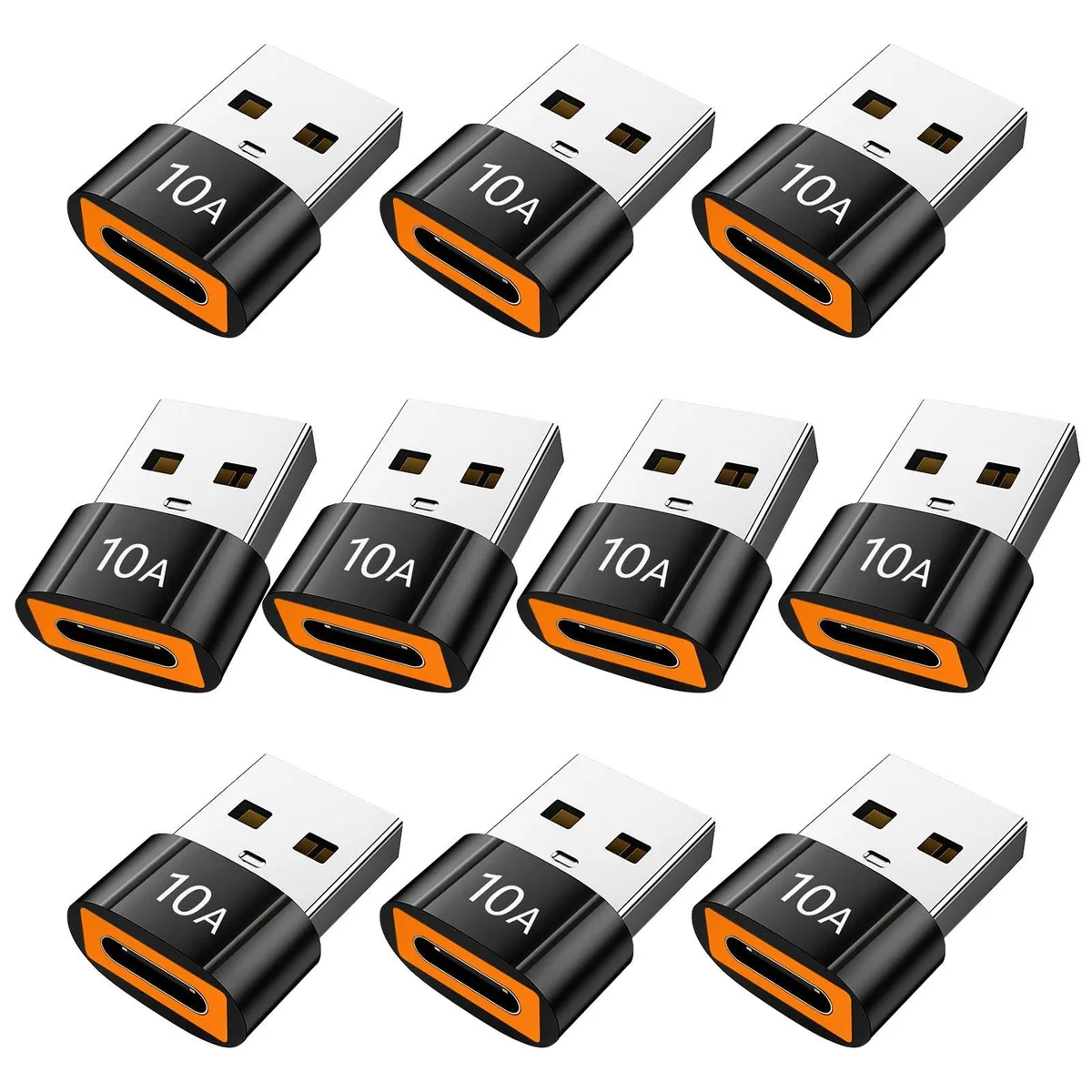 Ten black USB-A to USB-C adapters in a row