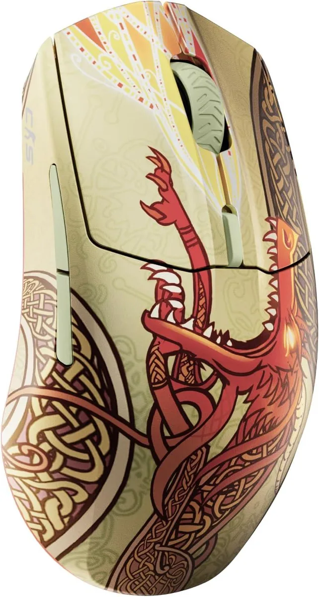 White honeycomb-shell wireless gaming mouse with gold dragon artwork and black accents