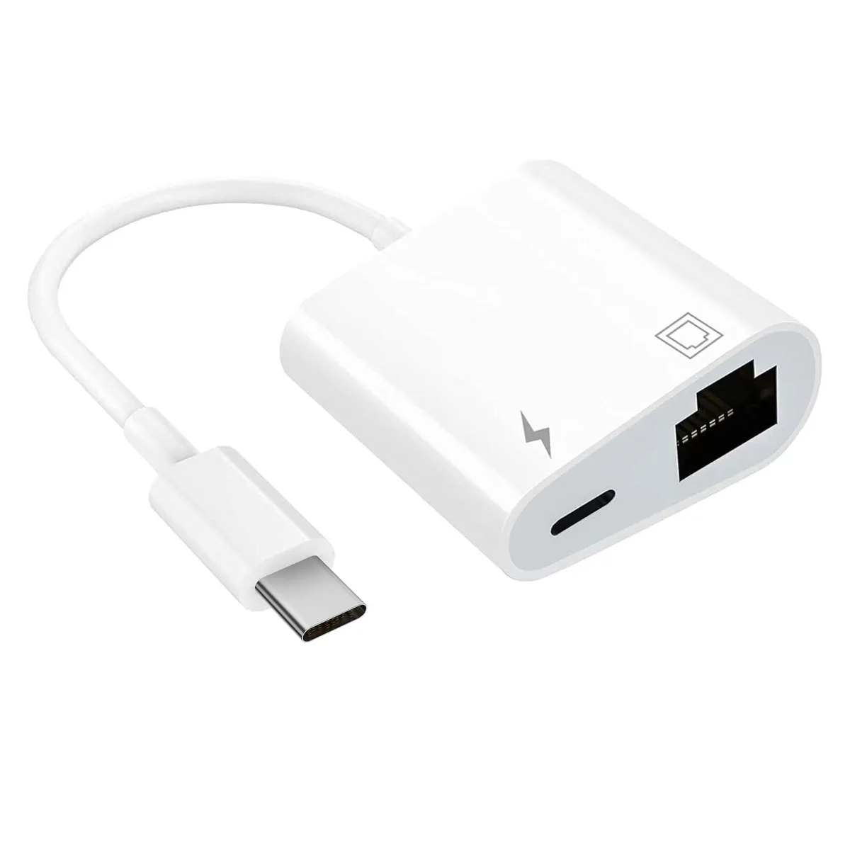 Compact black USB-C adapter with RJ45 port and charging pass-through