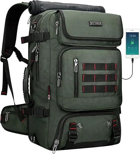 Green nylon travel backpack with laptop sleeve, shoe compartment and USB port, 12.6 x 20.5 x 7.5 inches