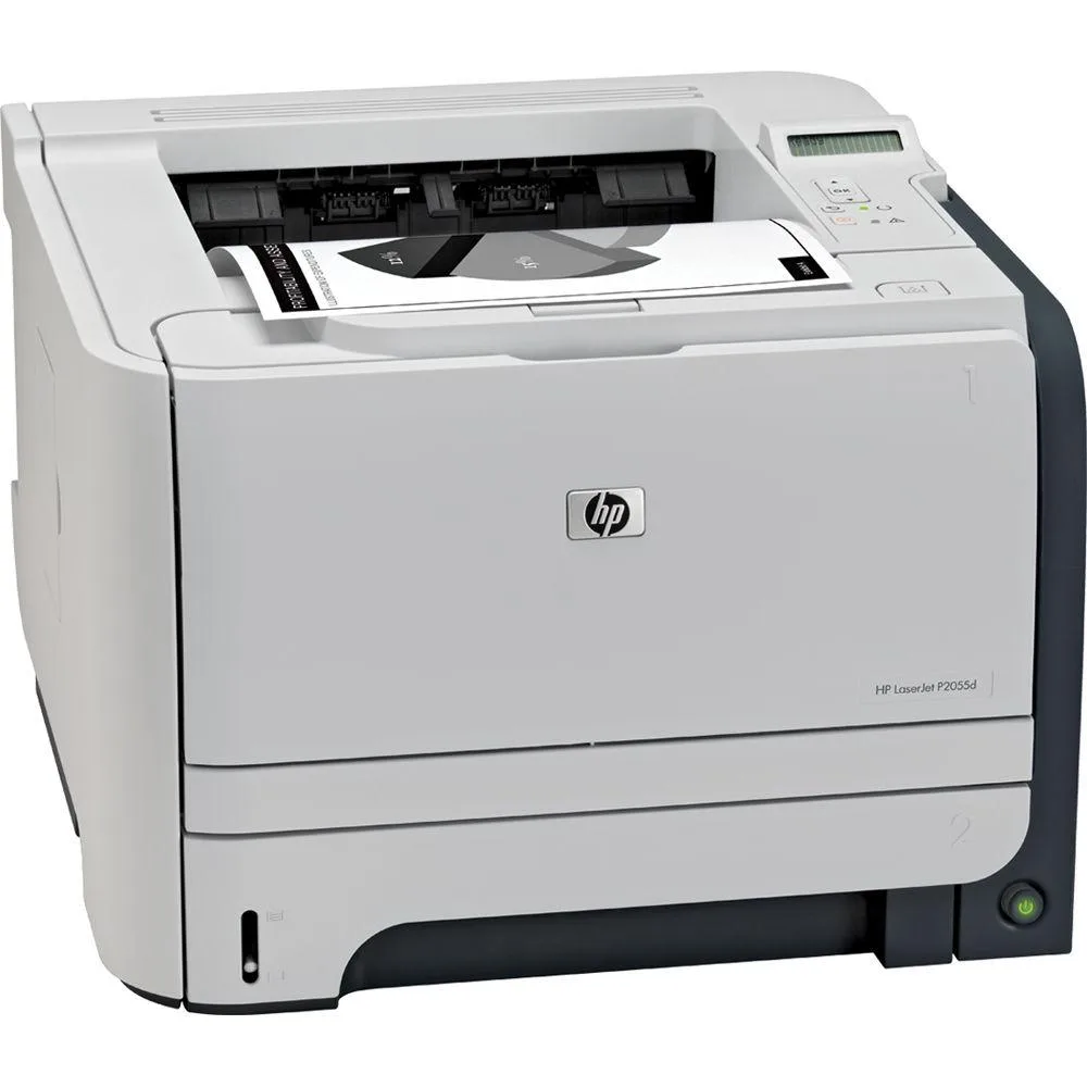 White boxy laser printer with front paper tray and toner bundle