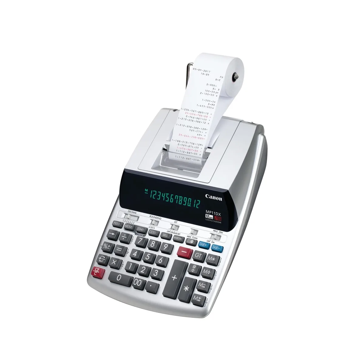 Silver desktop printing calculator with LCD display and paper roll holder
