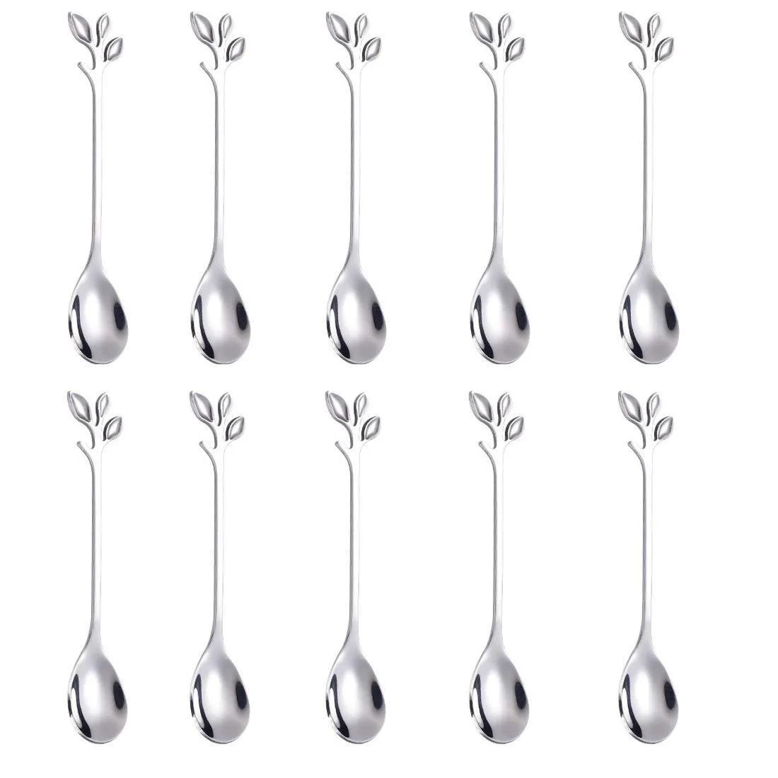 Ten silver stainless steel leaf-shaped coffee spoons 4.7 inches long