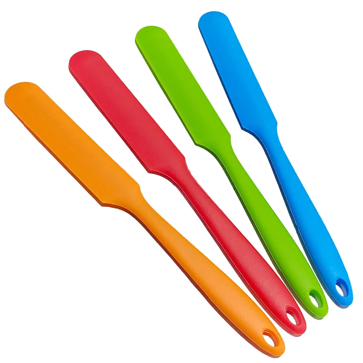 Four 9.6 in silicone jar spatulas in red green blue orange