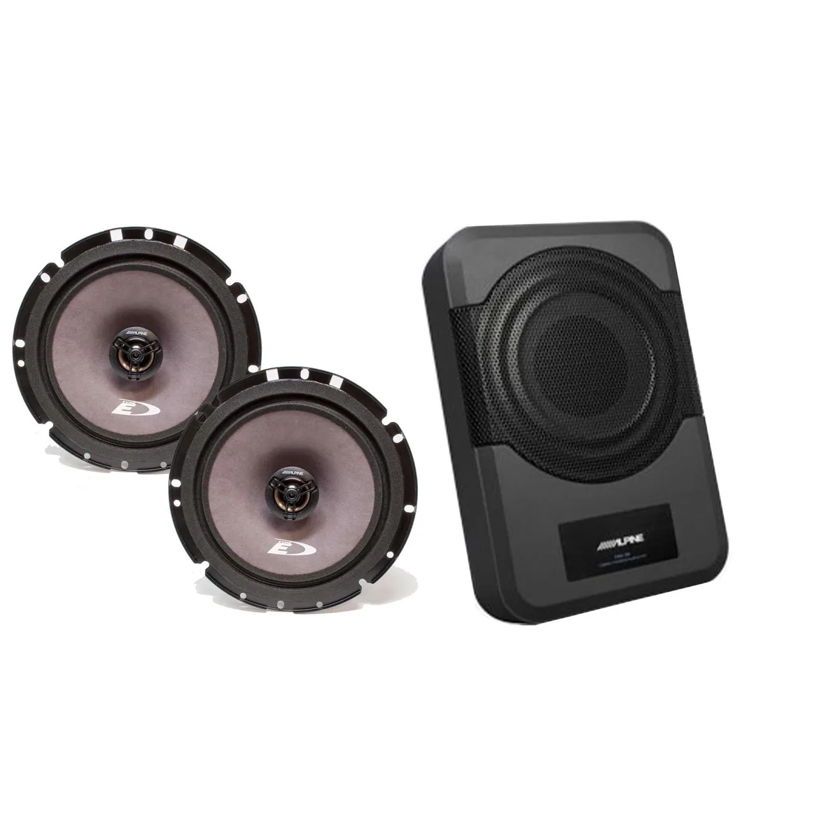 Alpine Alpine SXE-1726S 6 1/2" 2-way coaxial speakers pair with PWE-S8 powered 8" subwoofer — product photo