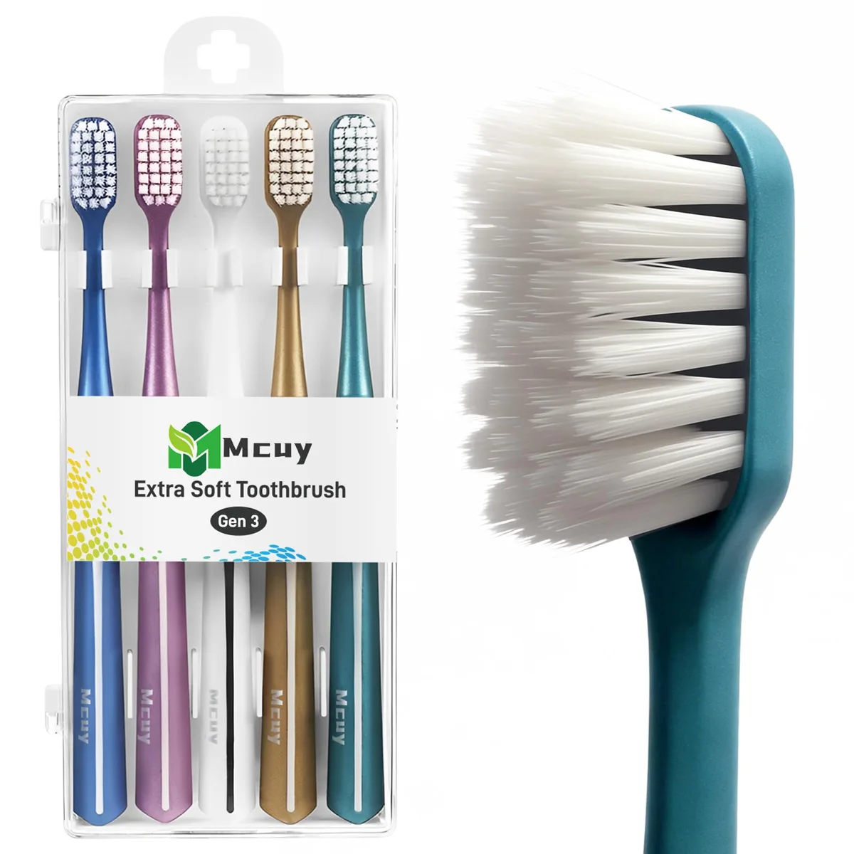 Five white manual toothbrushes in a travel case