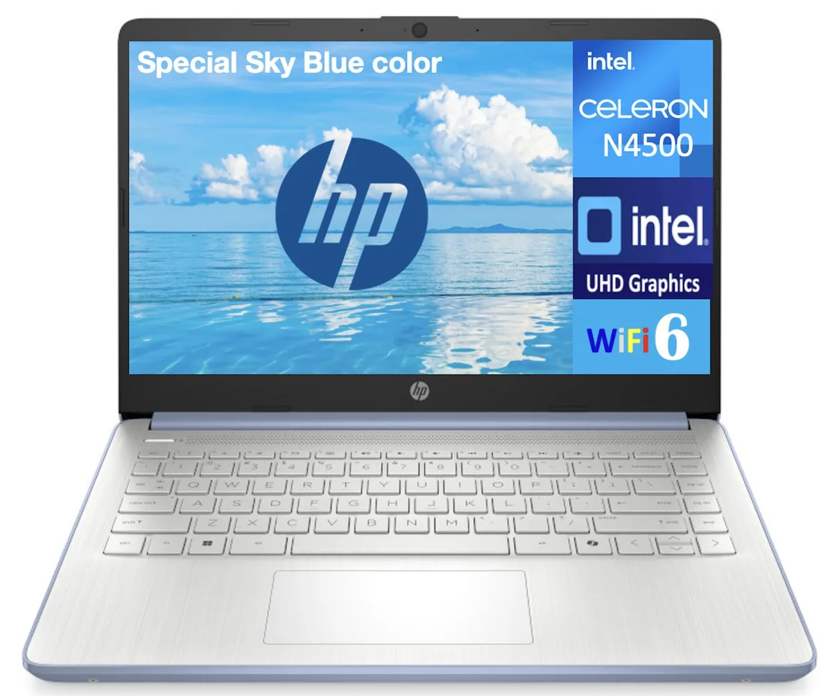 HP HP 14 laptop 14.0" HD Celeron N4500 4GB DDR4 256GB NVMe Windows 11 Pro Sky Blue — product photo