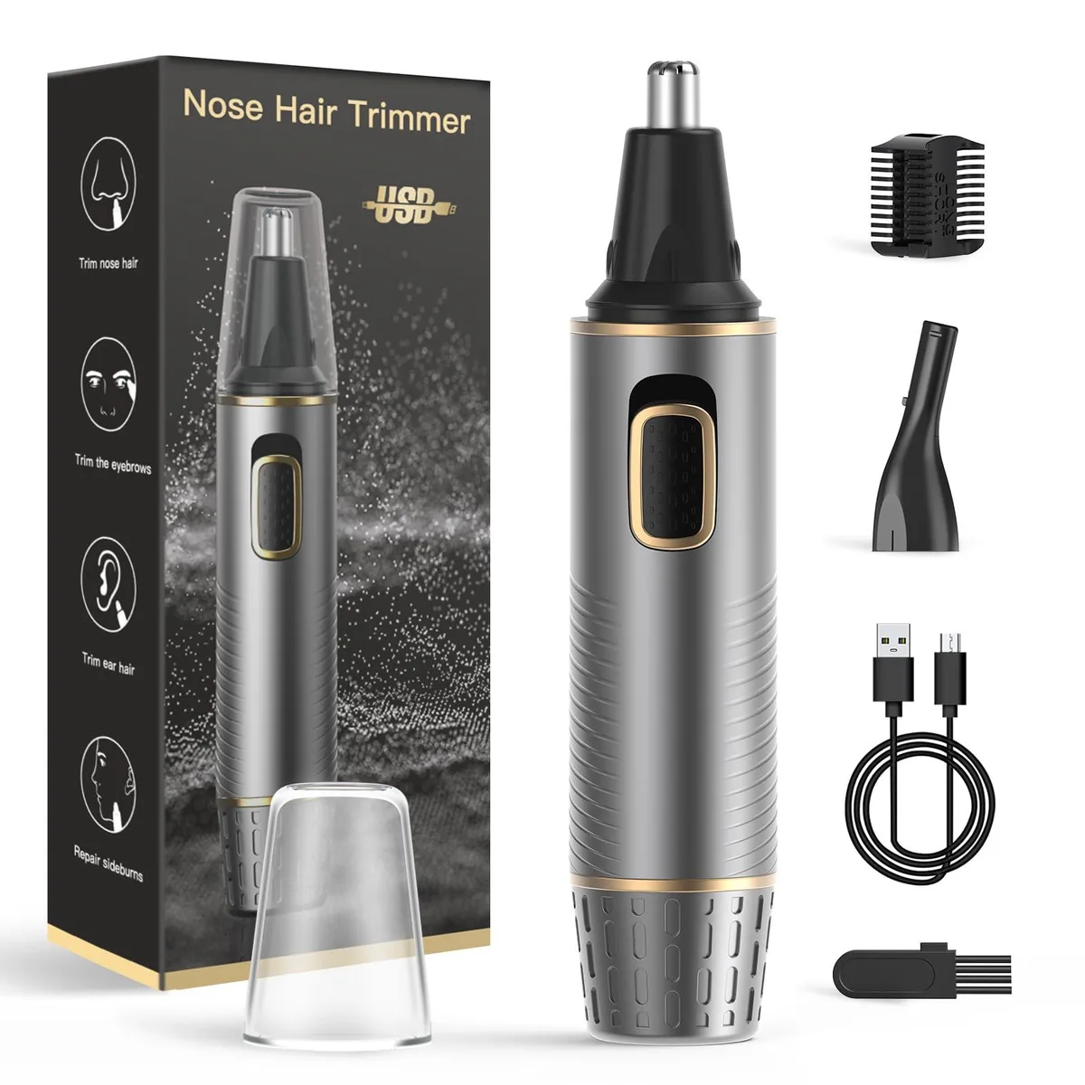 Black cylindrical nose and ear hair trimmer with washable head and dust cap