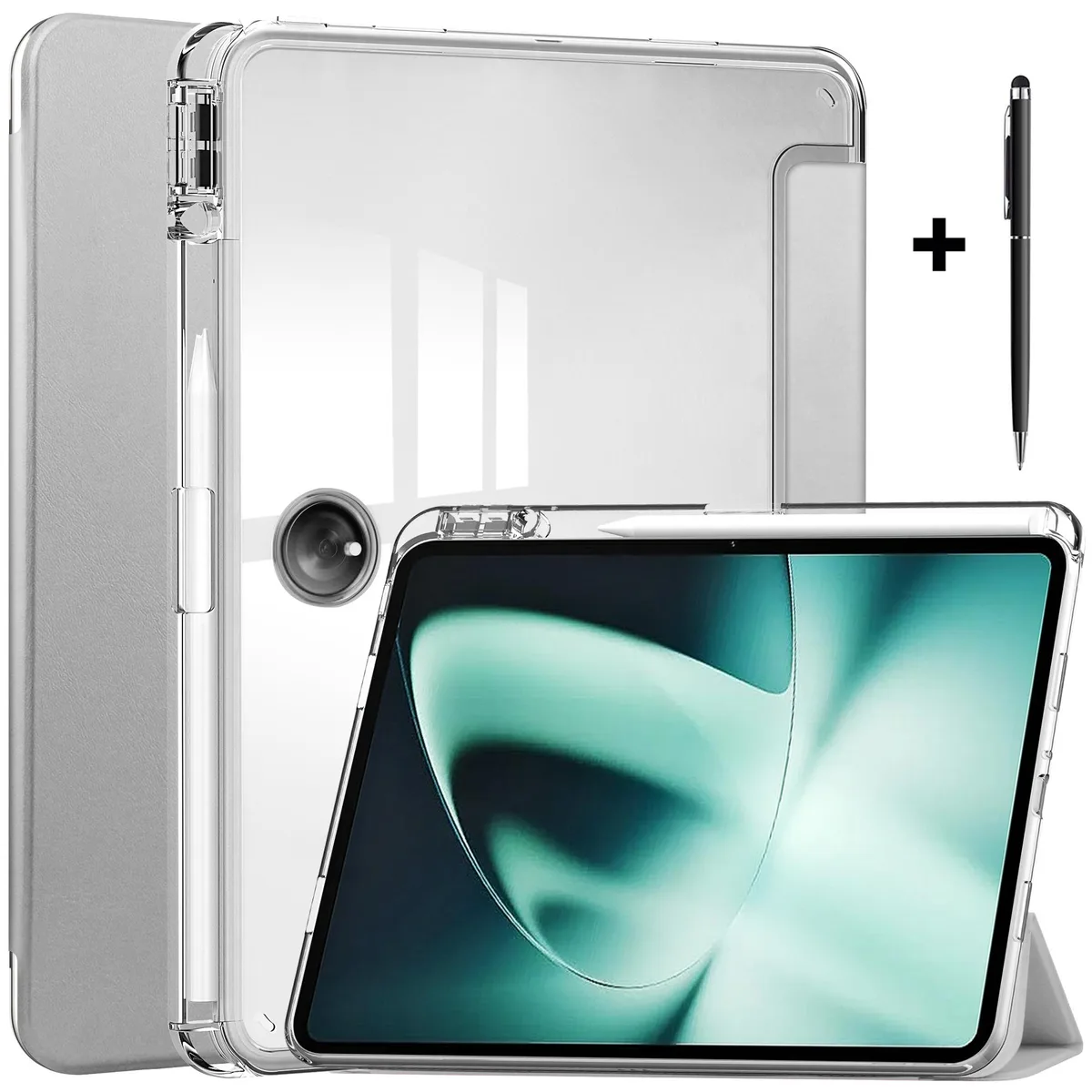 Silver tablet case with transparent hard back and PU leather cover for 11.61 inch device