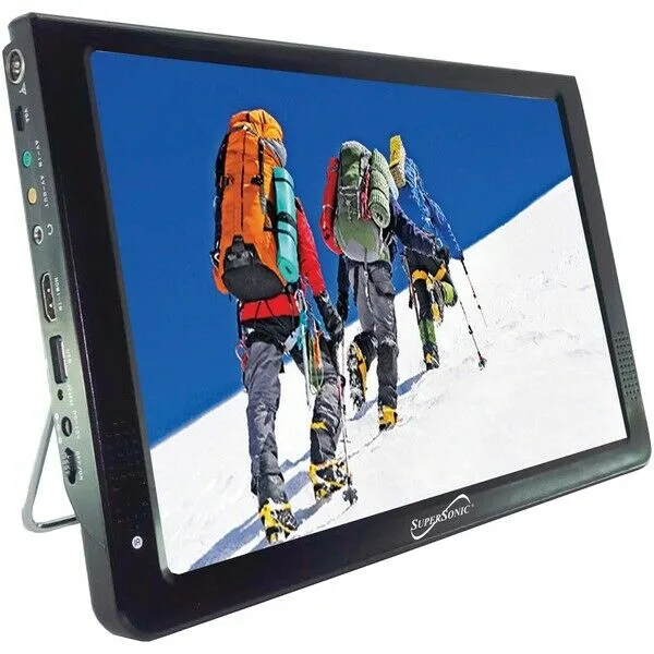 A 12 inch widescreen portable LCD TV in black with a fold-out stand and rotary rod antenna