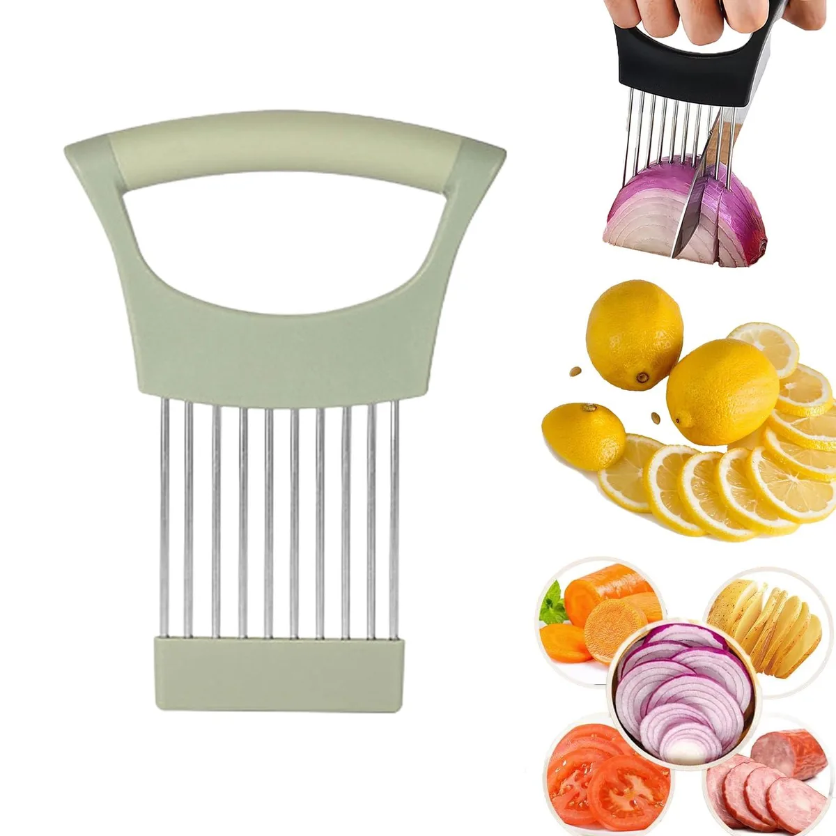 Green stainless steel onion holder with ten prongs and protective cover