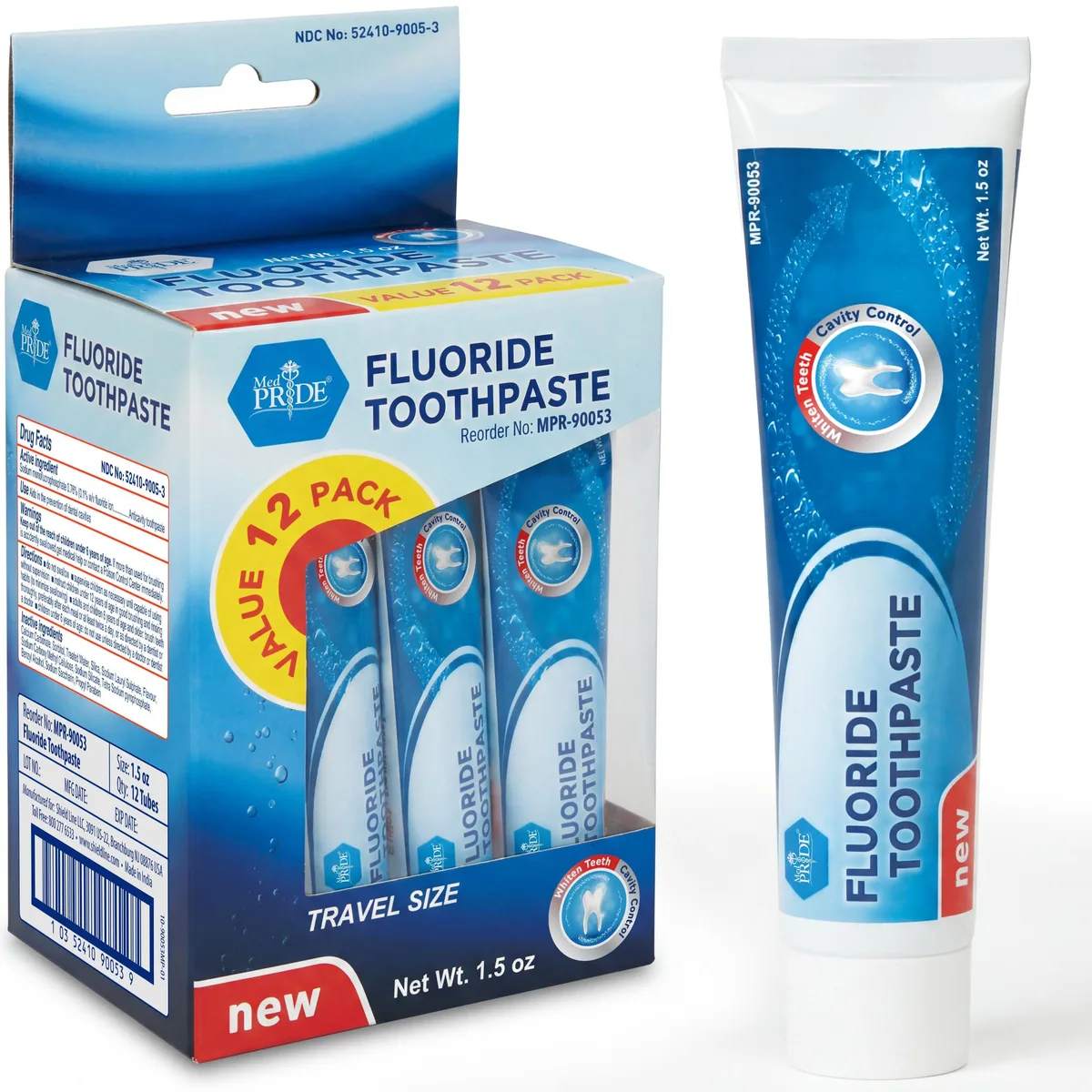 A rectangular cardboard box containing twelve small white toothpaste tubes arranged in rows