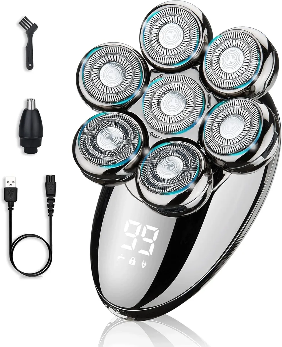 Grey electric head shaver with seven floating heads and detachable nose trimmer, LED display on handle