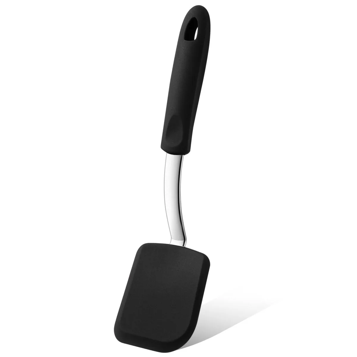 Black silicone spatula with flexible head and long handle, 9.69 inches