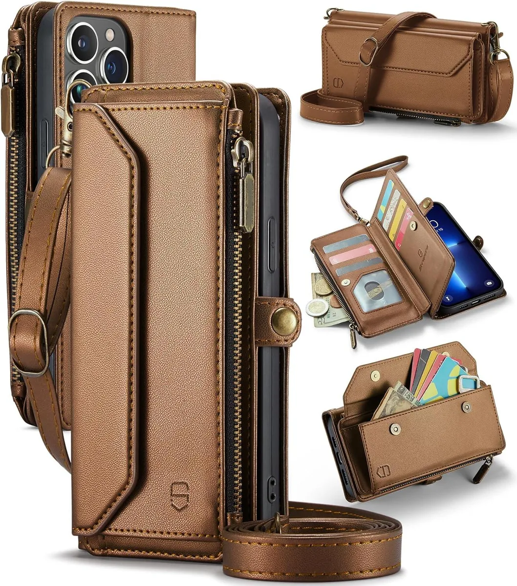 TAURKENAM TAURKENAM iPhone 13 Pro Max Crossbody Wallet Case RFID 10-Card Brown — product photo