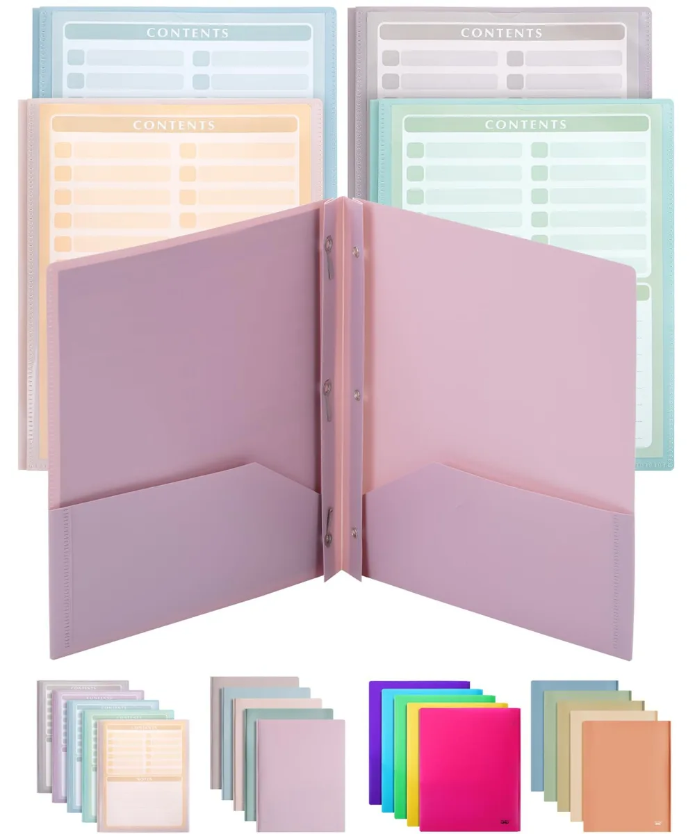 Five pastel plastic file folders with clear front pockets and prong fasteners