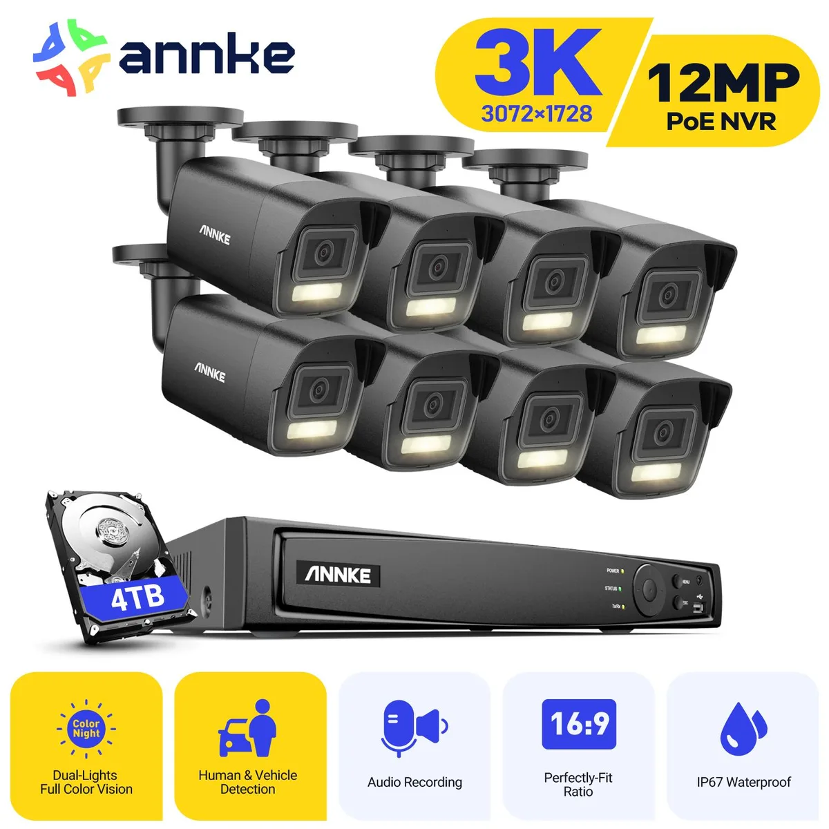 Annke Annke 8CH PoE Surveillance Security System 12MP NVR 8x 3K Bullet 4TB — product photo