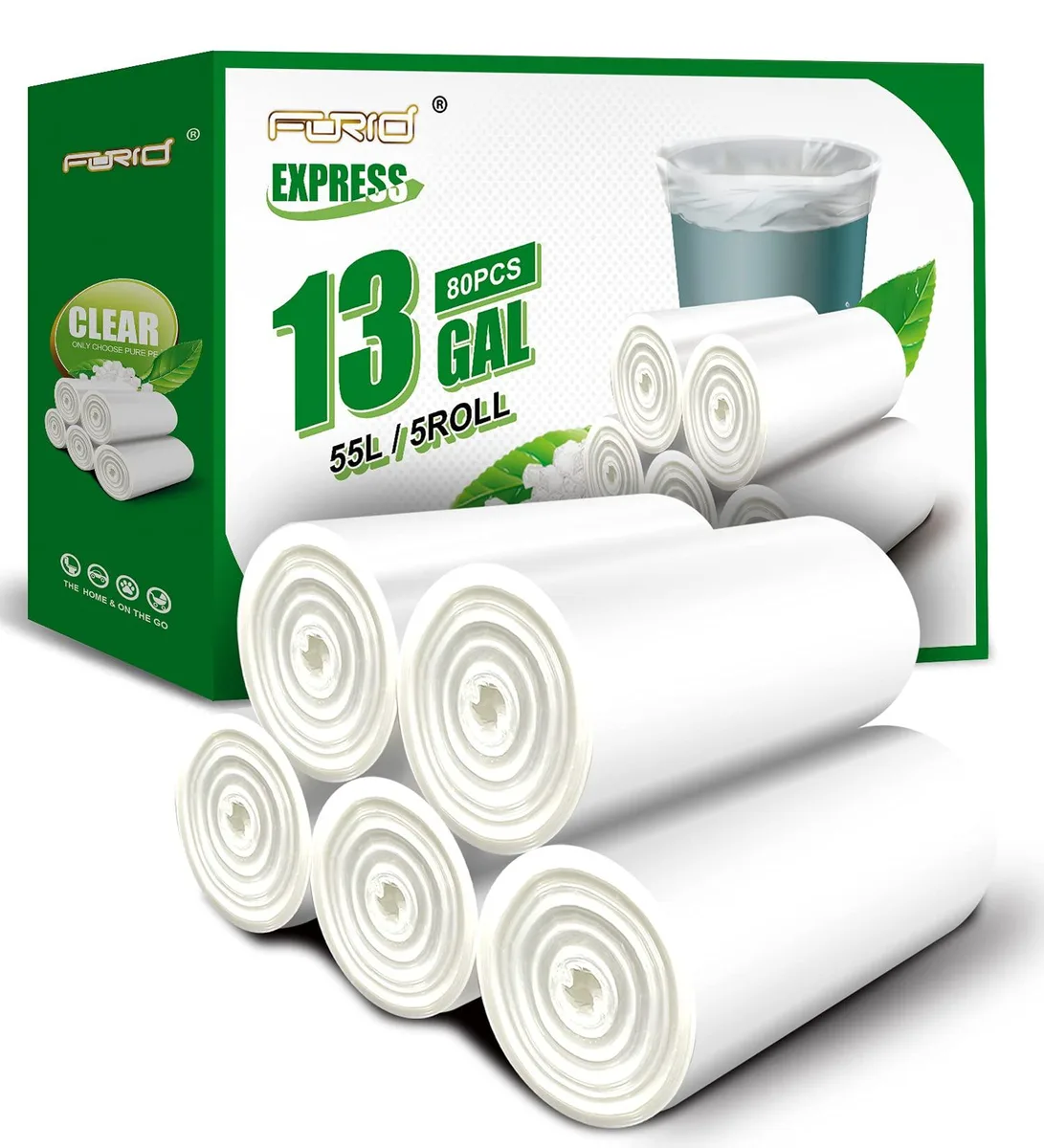 Clear plastic trash bags on five rolls, 80 count