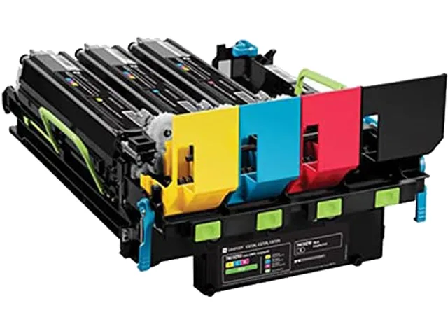 Three Lexmark toner cartridges in cyan magenta yellow