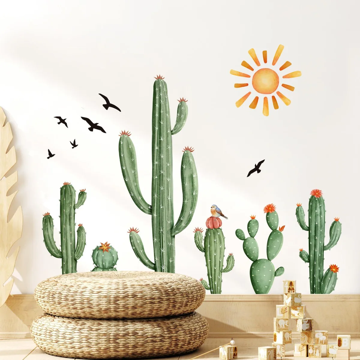 Two rolled vinyl sheets with green cactus, sun and bird cut-outs, 30 x 90 cm each