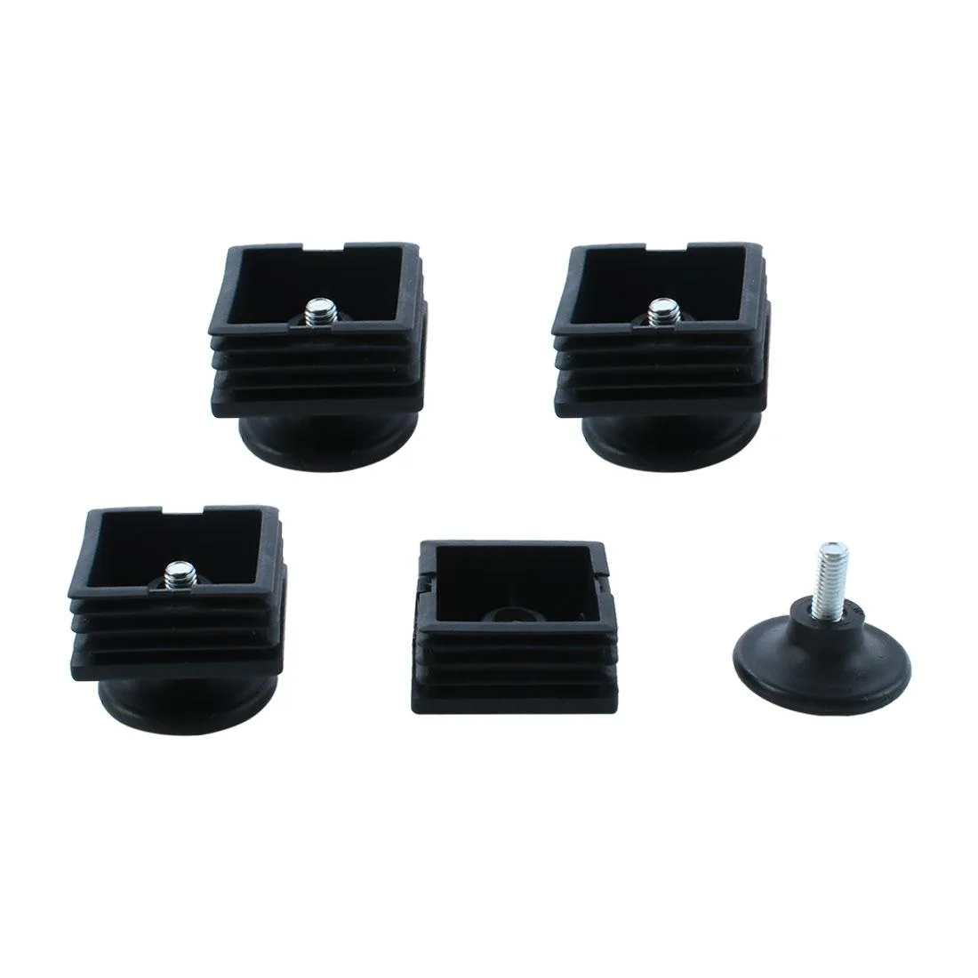 Four sets of square tube inserts with adjustable threaded feet and plastic bases