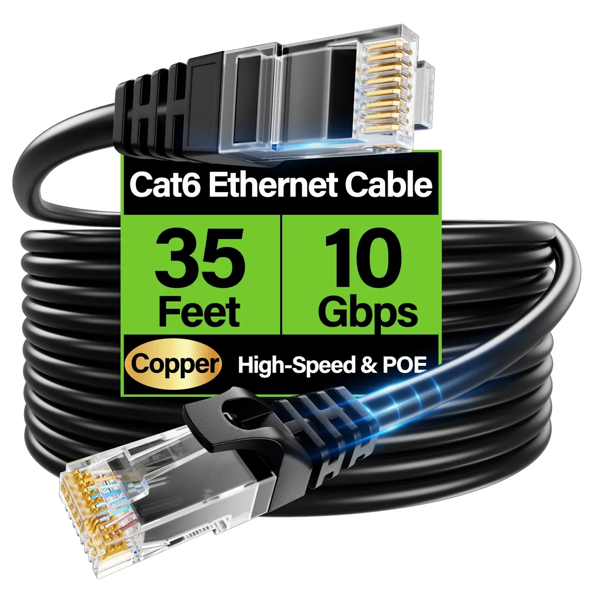  TuokaJu Cat6 Ethernet Cable 10Gbps 35 ft 26AWG Black — product photo