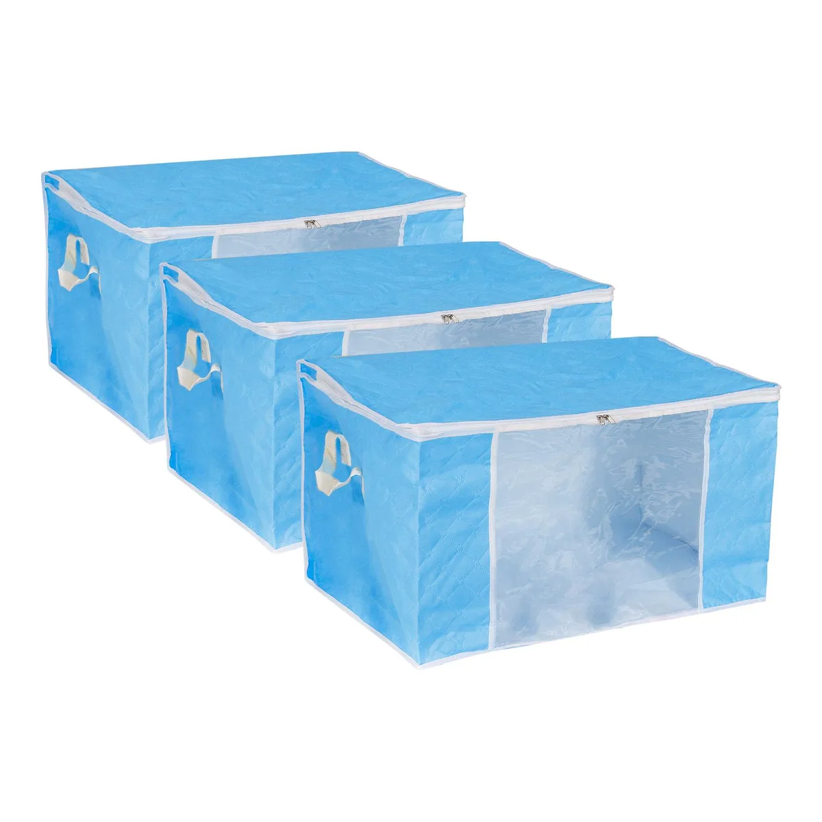 Sky-blue foldable fabric storage bag with clear window and reinforced handles