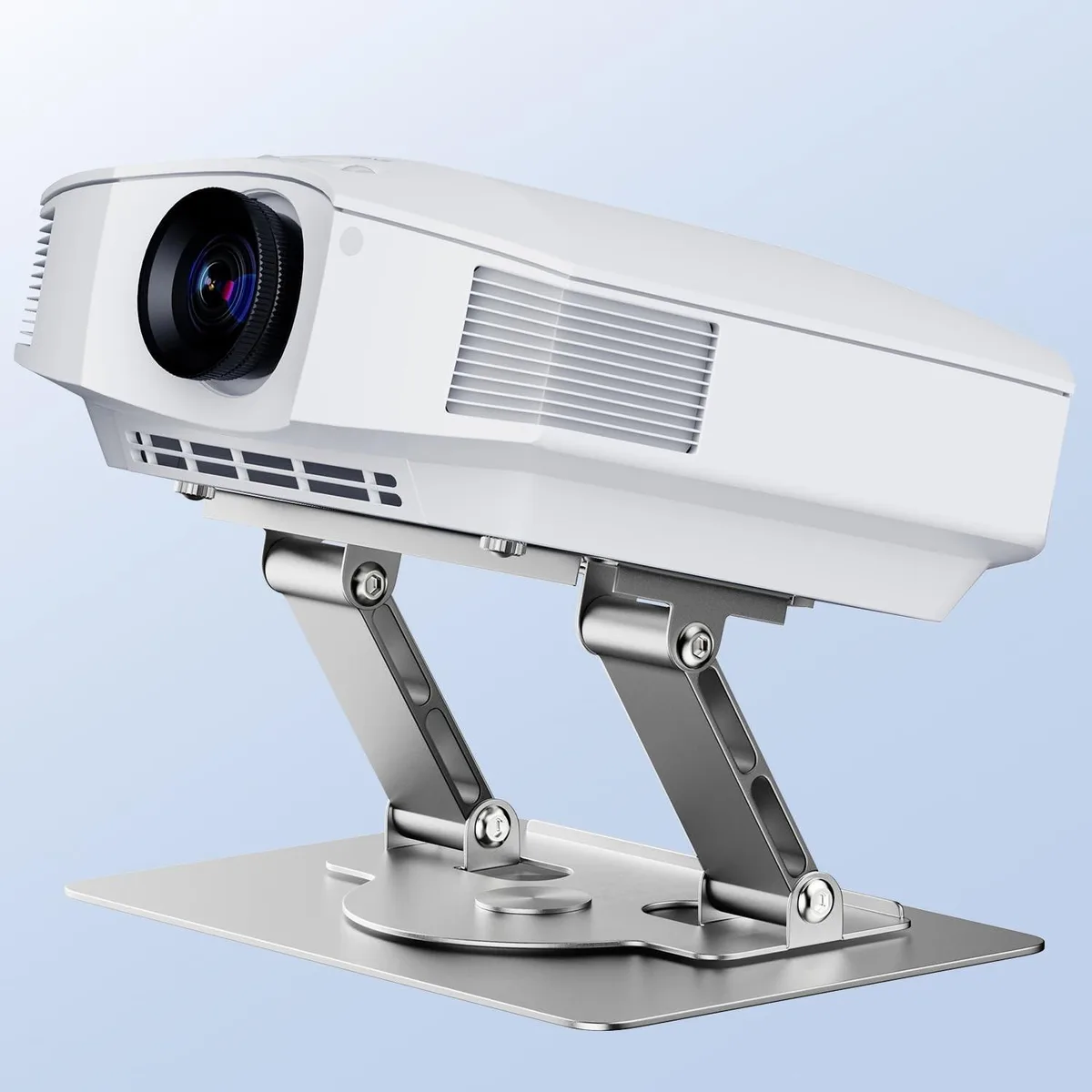 Silver carbon-steel projector stand with double folding arms, 360 rotation and 180 tilt, 30 lb capacity