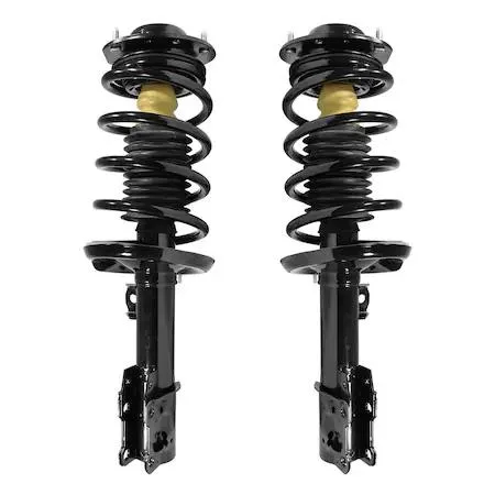 Two silver front strut assemblies with coil springs and top mounts